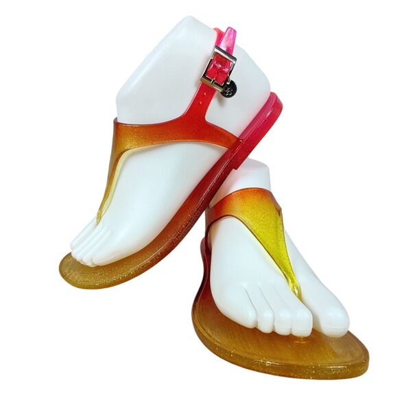 Jessica Simpson 6 Jelly Sandals Pink Yellow Ombre Glitter T-Strap Buckle Summer - Picture 3 of 14